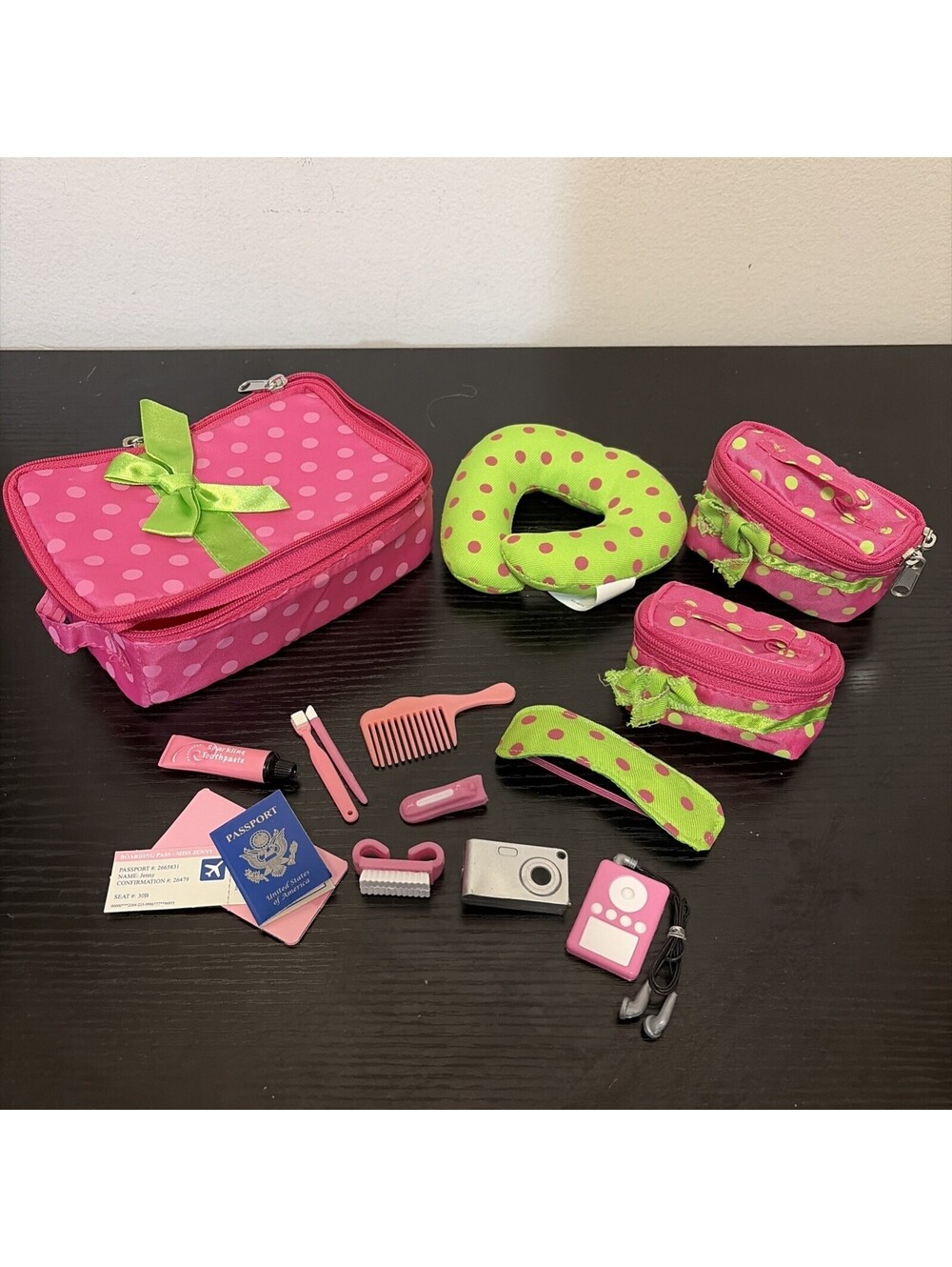 Our Generation Luggage and Travel Set Pink Green Polka Dots